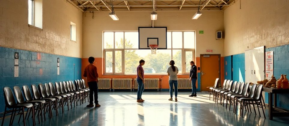 Volunteers setting out chairs in a bright community youth centre hall before an afternoon programme