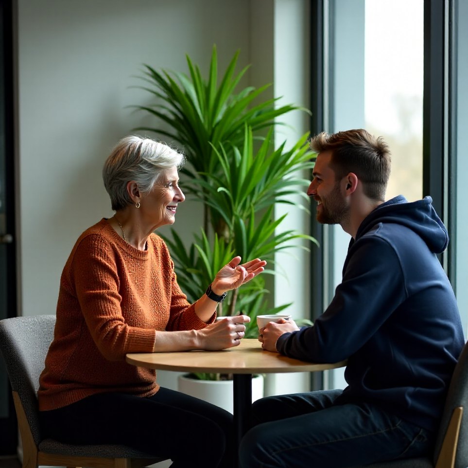 A Boardroom Table operator talking through the week with a founder in a quiet corner of the office
