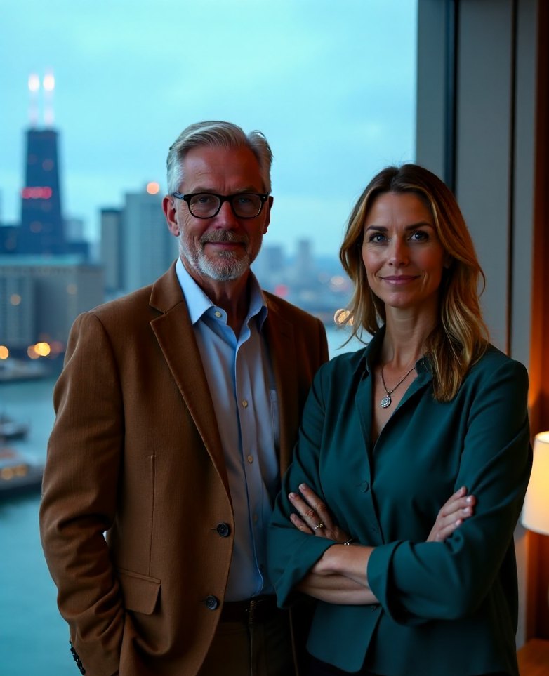Two Bramwell tax advisers by a high office window above the Chicago River