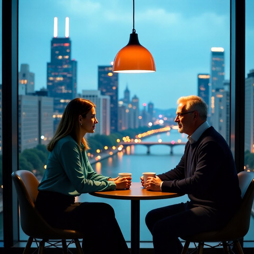 A Bramwell adviser in conversation with a business owner in a glass-walled meeting room at dusk
