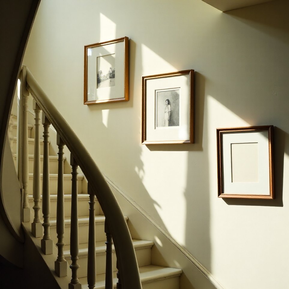 The stair return — three prints on a turning stair