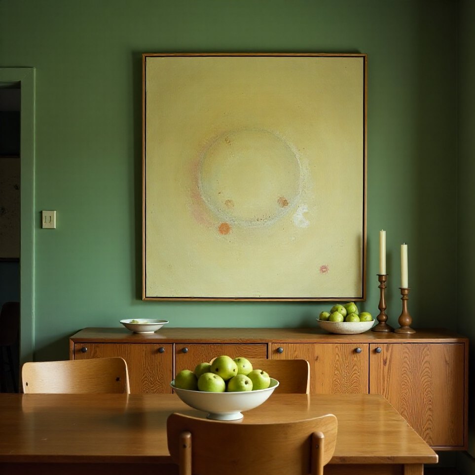 The dining room — a large abstract above a sideboard