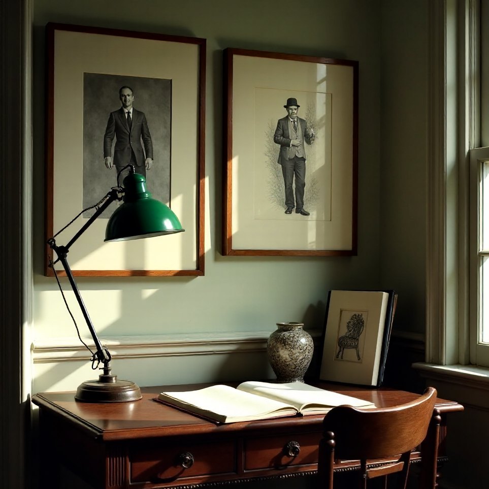 The study, west wall — framed drawings above a desk