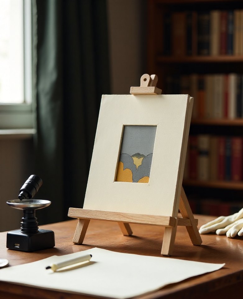 A small post-war gouache on board propped on an easel in a study