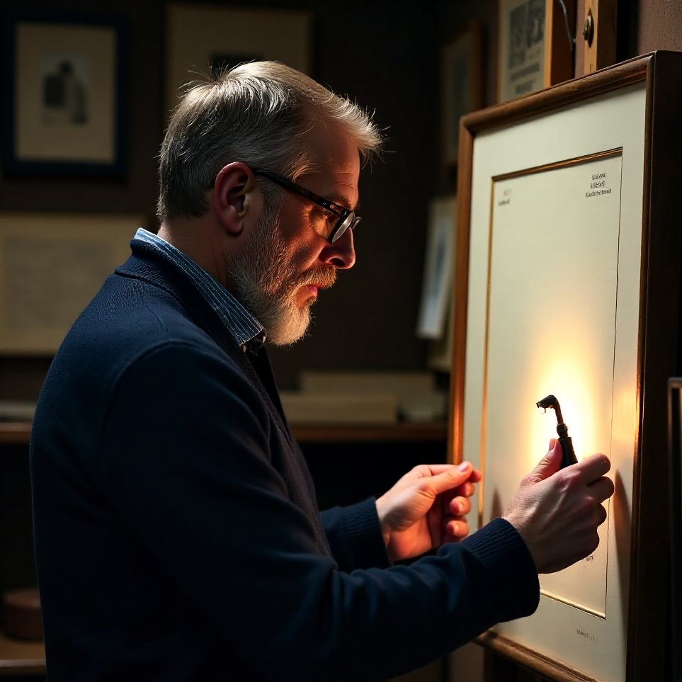 Callum Ashworth examining the back of a framed work with a torch