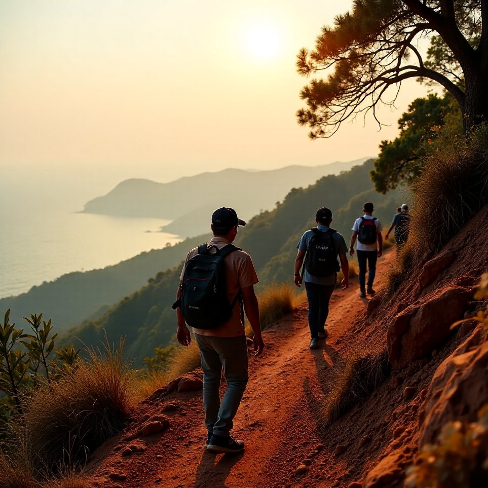 Walkers climbing the loose laterite path on the north face