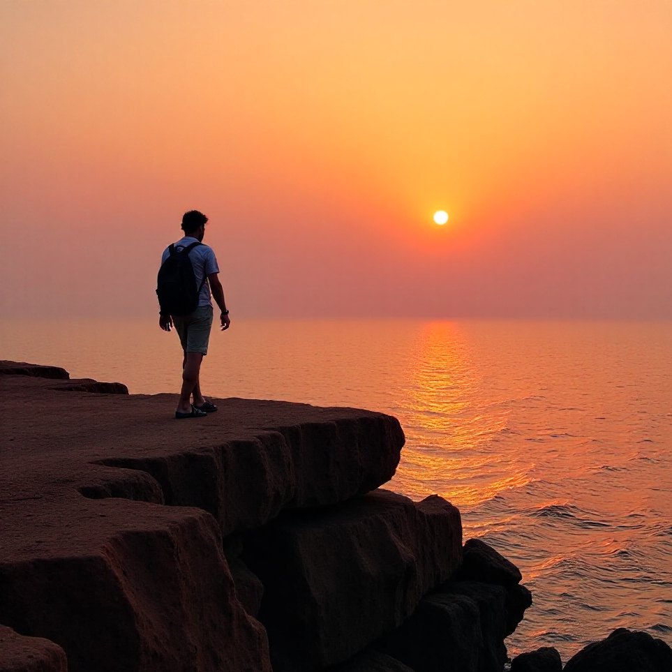 A walker silhouetted on the seaward wall against the setting sun