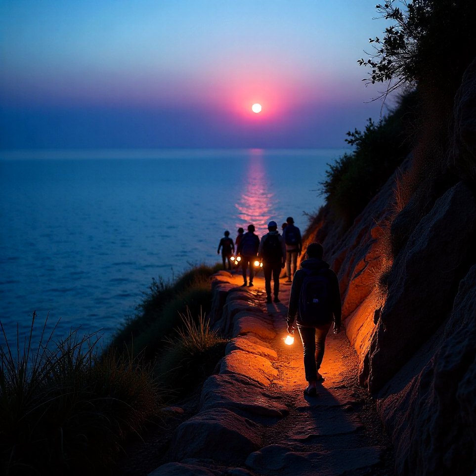 Torches lighting the path down in the blue dusk