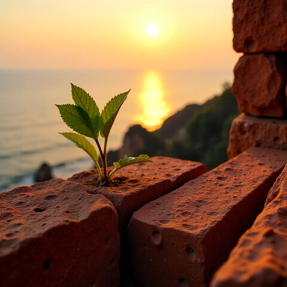 Weathered laterite blocks of the fort wall in close-up