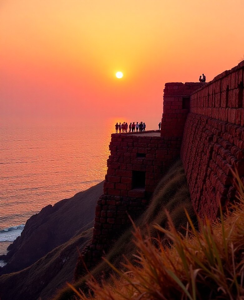 Walkers on the ruined seaward wall of Chapora Fort as the sun drops towards the Arabian Sea