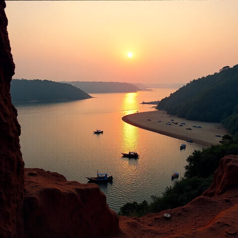 The Chapora river meeting the sea below the fort at dusk