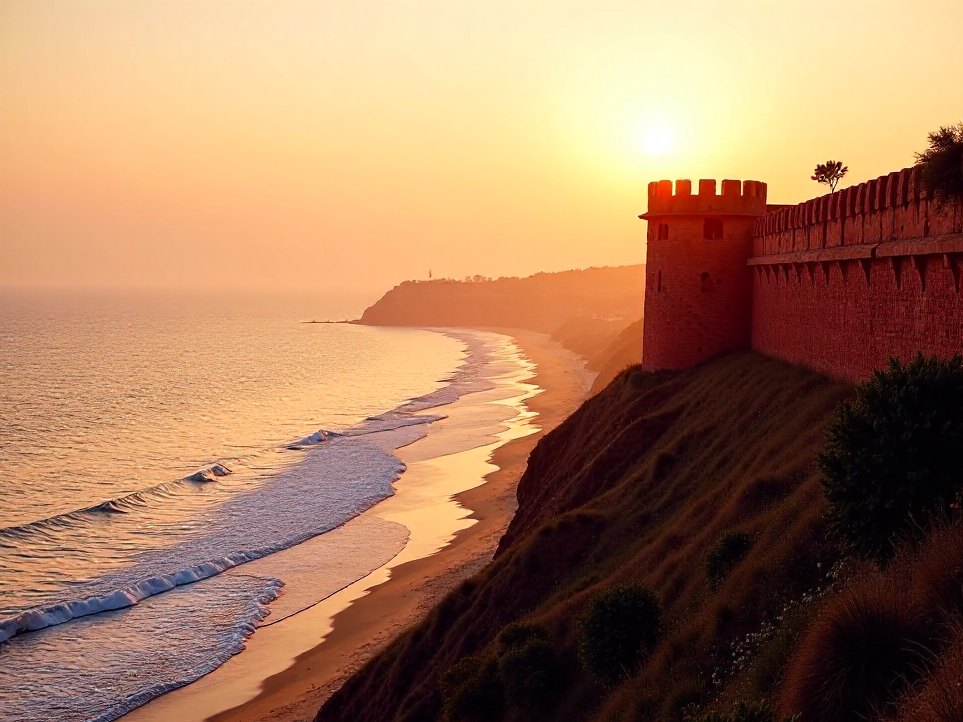 The lower bastion of Chapora Fort with Vagator beach below