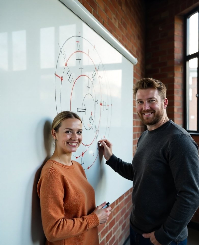 Two Cormorant Digital strategists at a whiteboard wall mapping a marketing funnel