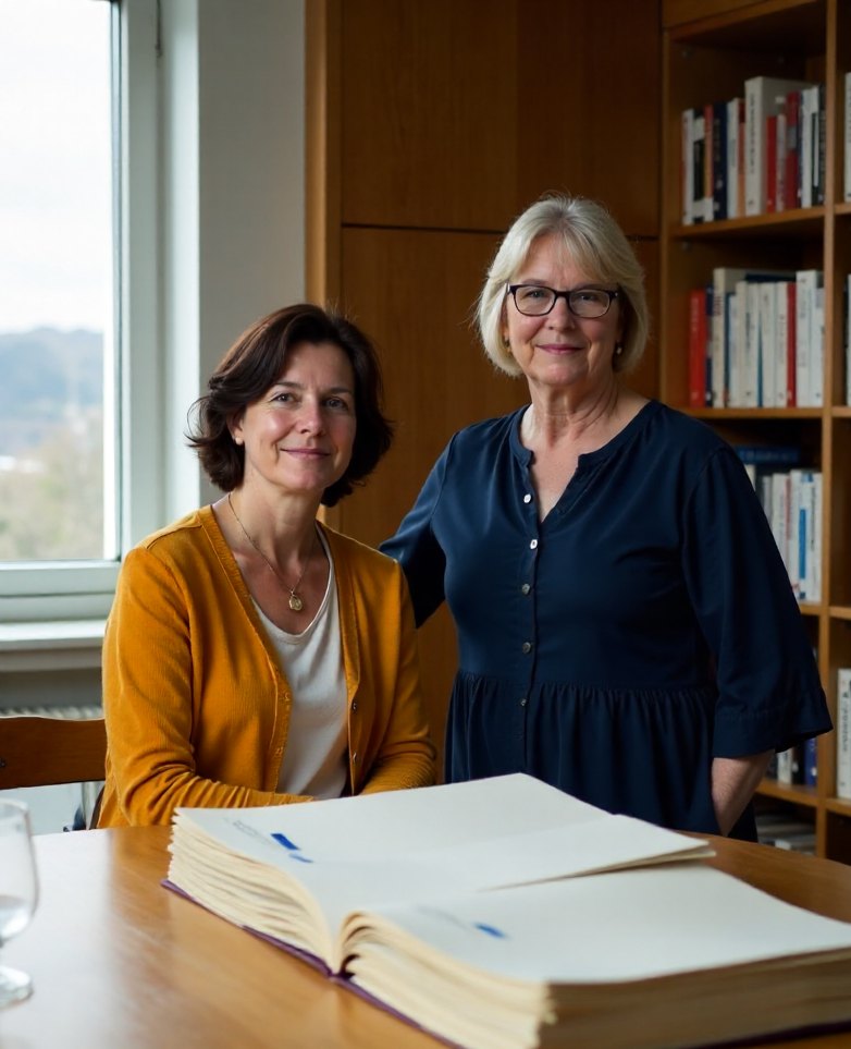 The two Corvid & Ash founders in a seminar room with ring-bound transcripts on the table