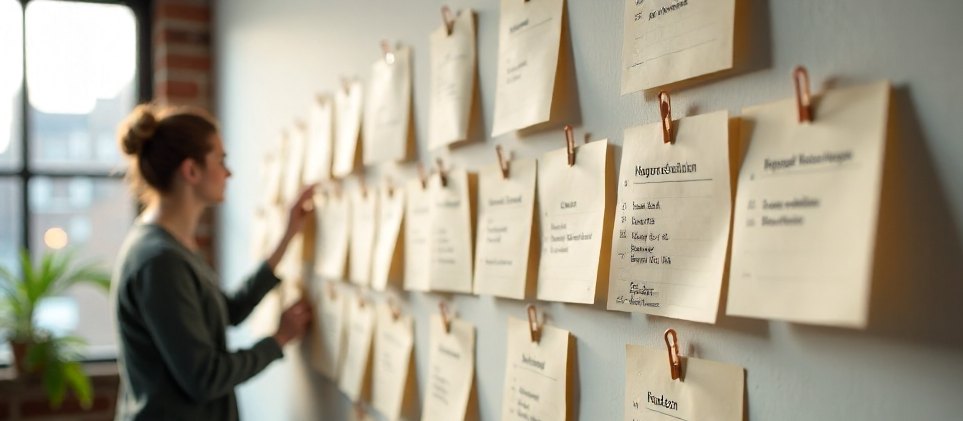 A strategy wall of printed posts grouped into themes with handwritten notes