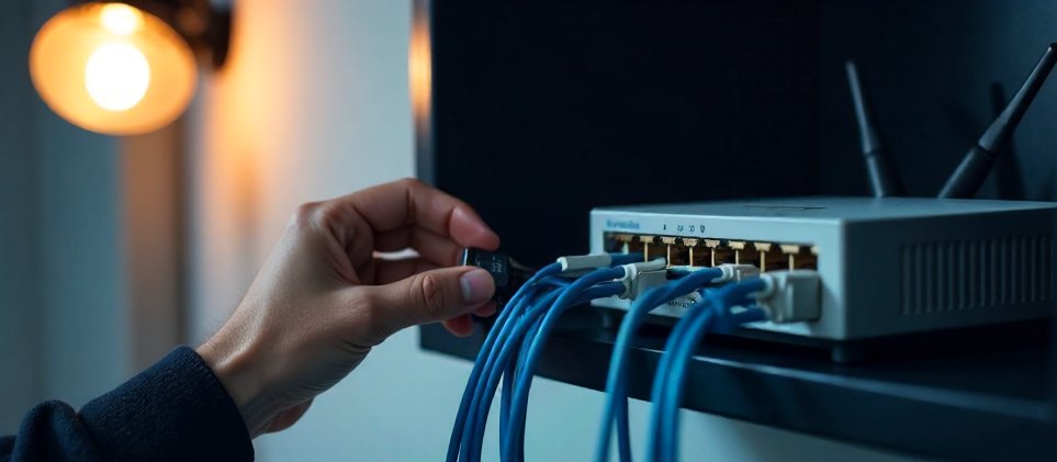 An open network cabinet in a small office with a backup drive and a hand holding a security key