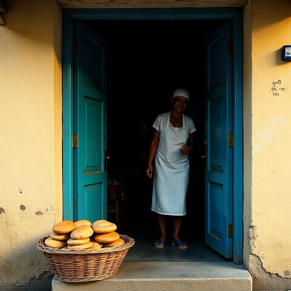 A bakery doorway in Fontainhas with the morning bread out