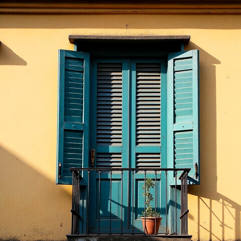 Closed blue shutters and a potted plant on a Fontainhas balcony