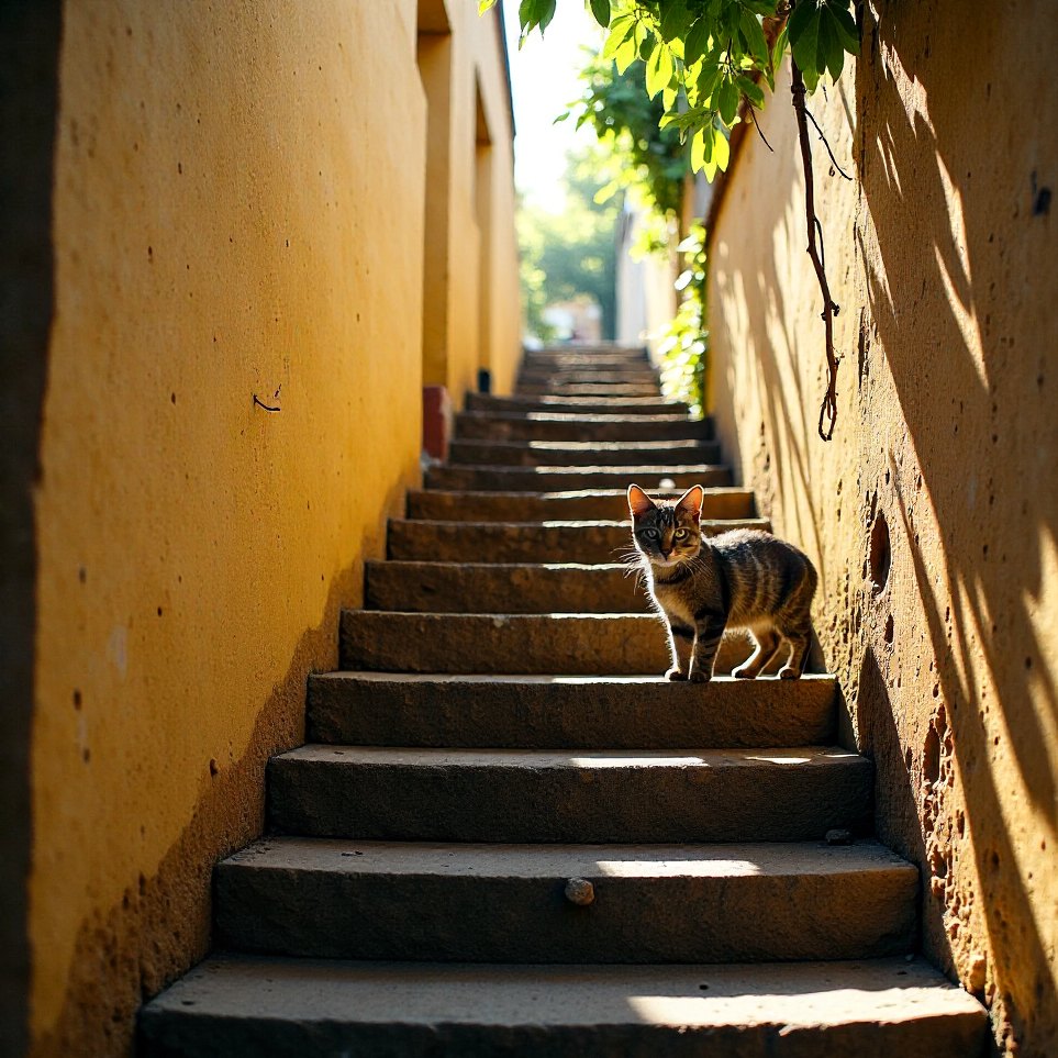 Uneven original stone steps between two old houses