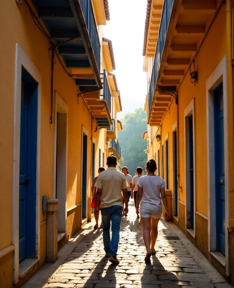 A narrow lane of ochre and blue Indo-Portuguese houses in Fontainhas at eight in the morning