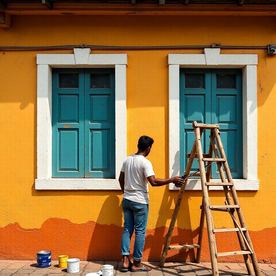A freshly repainted ochre house after the monsoon, a painter on a ladder