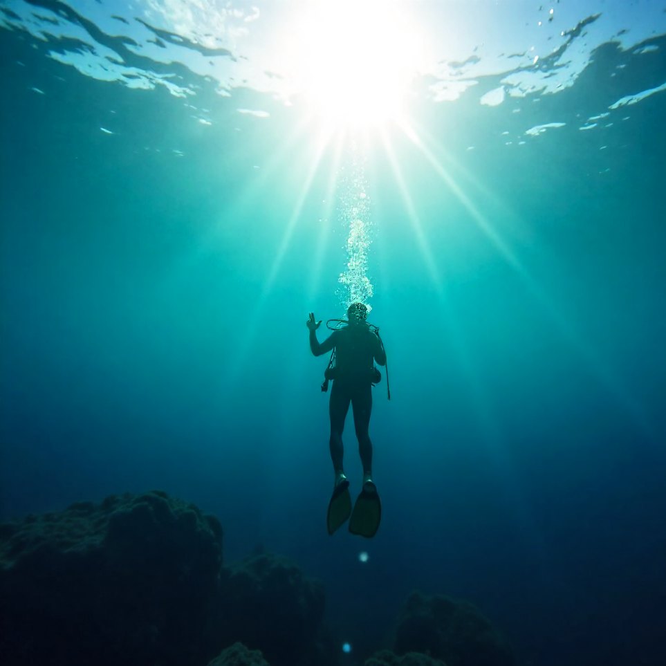 A diver silhouetted against the surface light