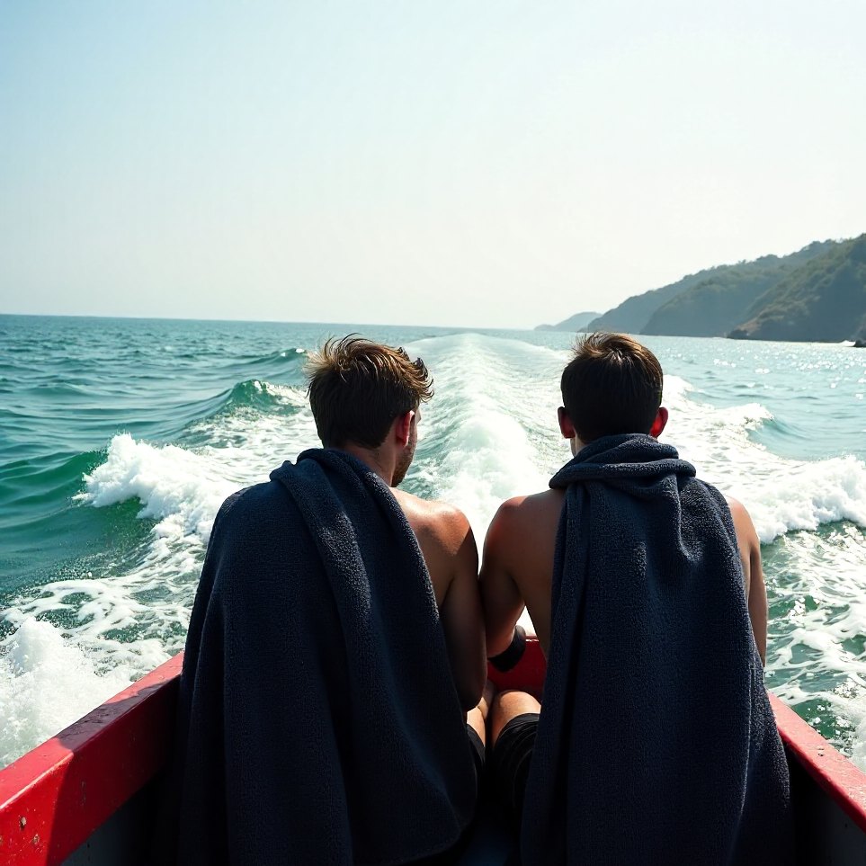 The boat running back towards Baina with wet divers wrapped in towels