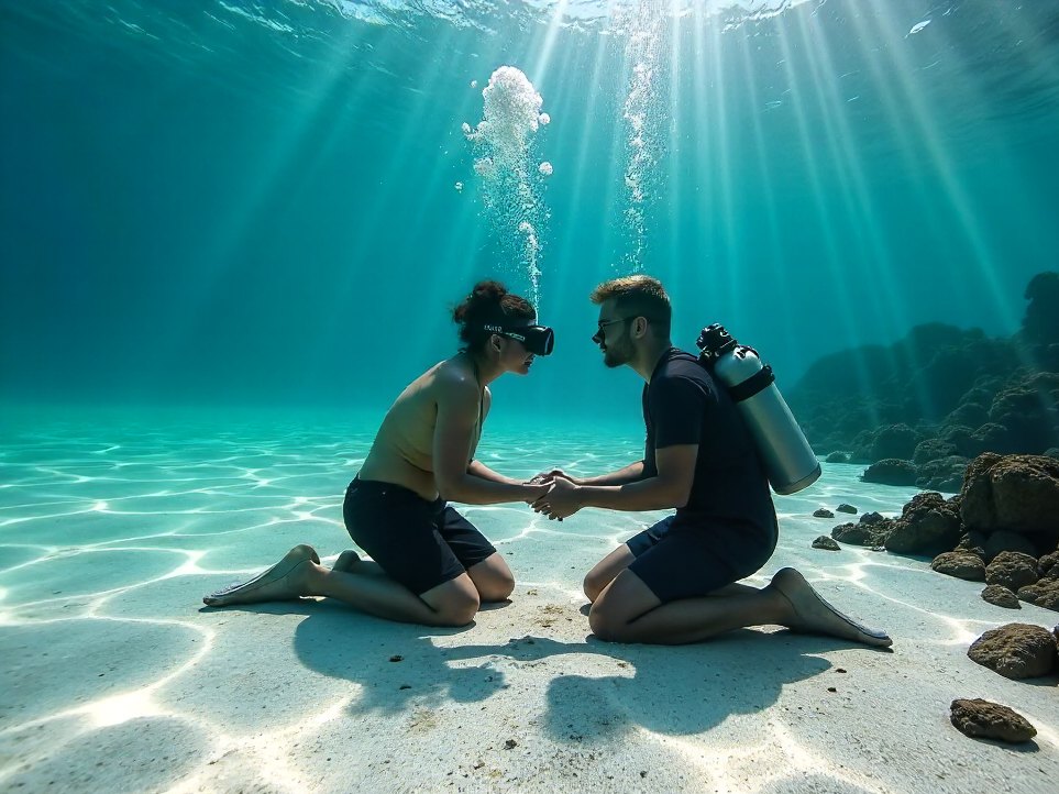 An instructor and a student kneeling on sand in shallow water