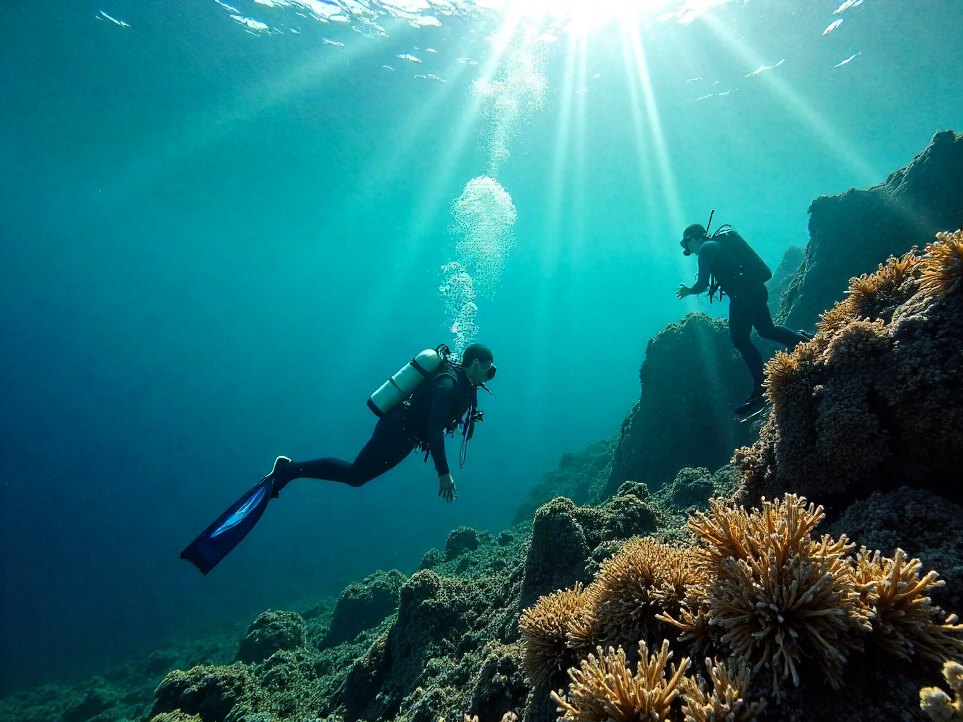 A sheltered shallow reef with divers and small reef fish