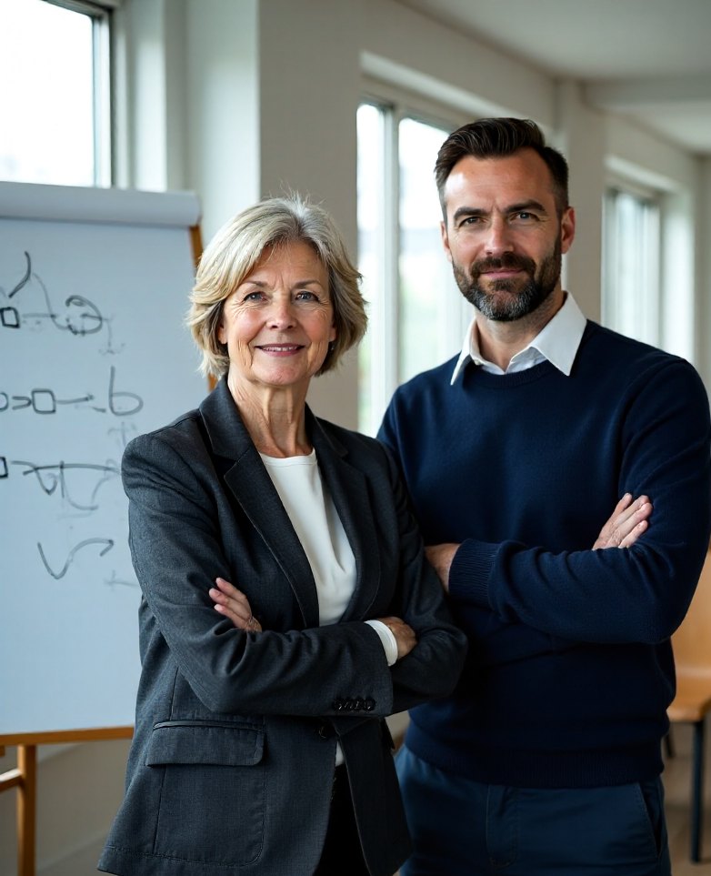 Two Halden & Cross facilitators standing beside a flip chart in a training room