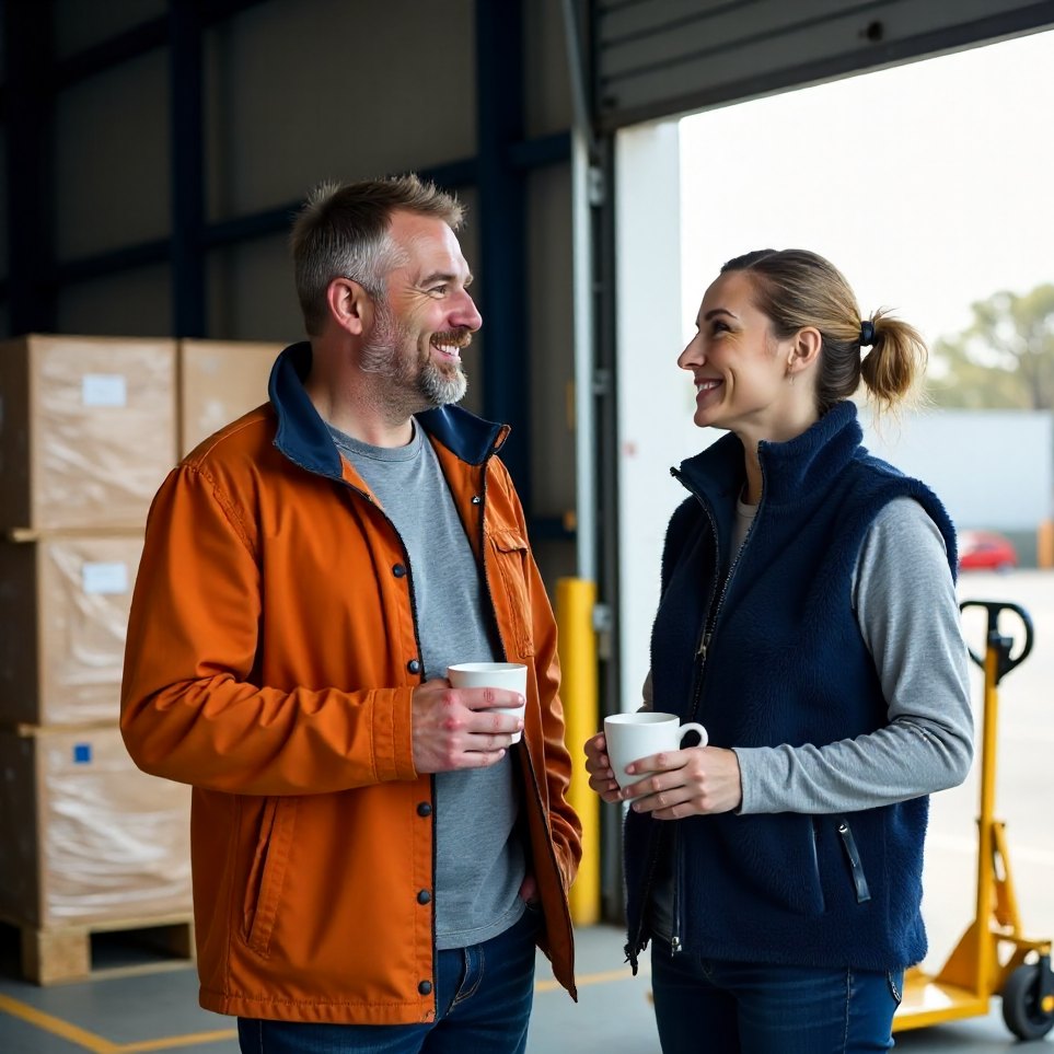 A Harlow Systems consultant talking with an operations lead at a loading dock