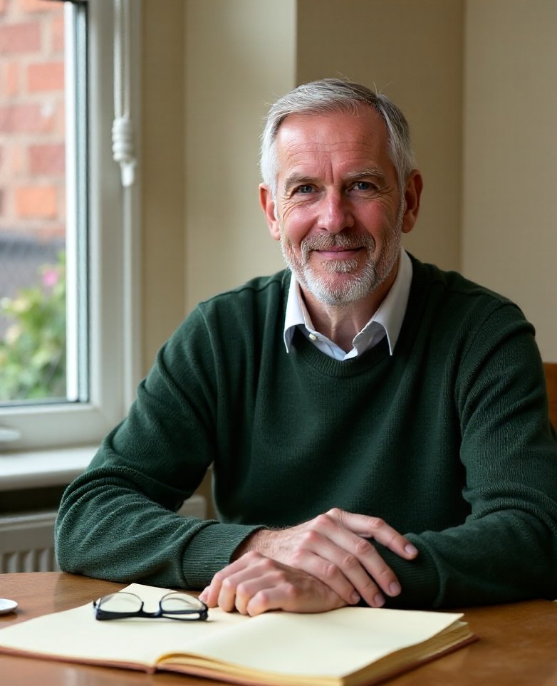 A Harrow Finch retirement adviser at a dining table in a Victorian terraced house