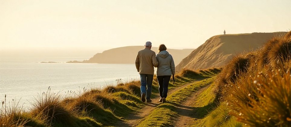 A retired couple walking a coastal path on a clear morning