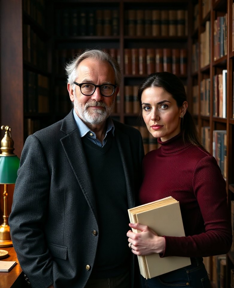 Two book editors between tall bookshelves, one holding a bundled manuscript