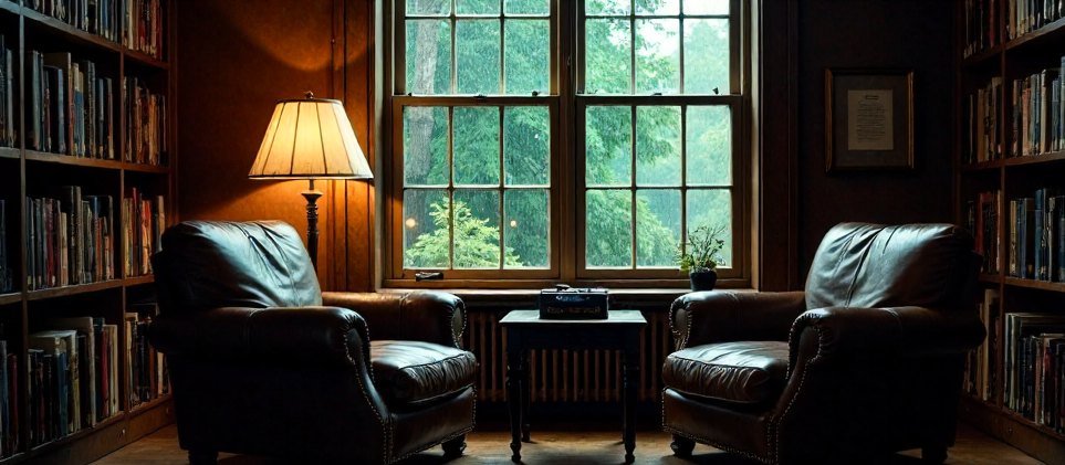 A quiet interview room for a book, two armchairs and a recorder