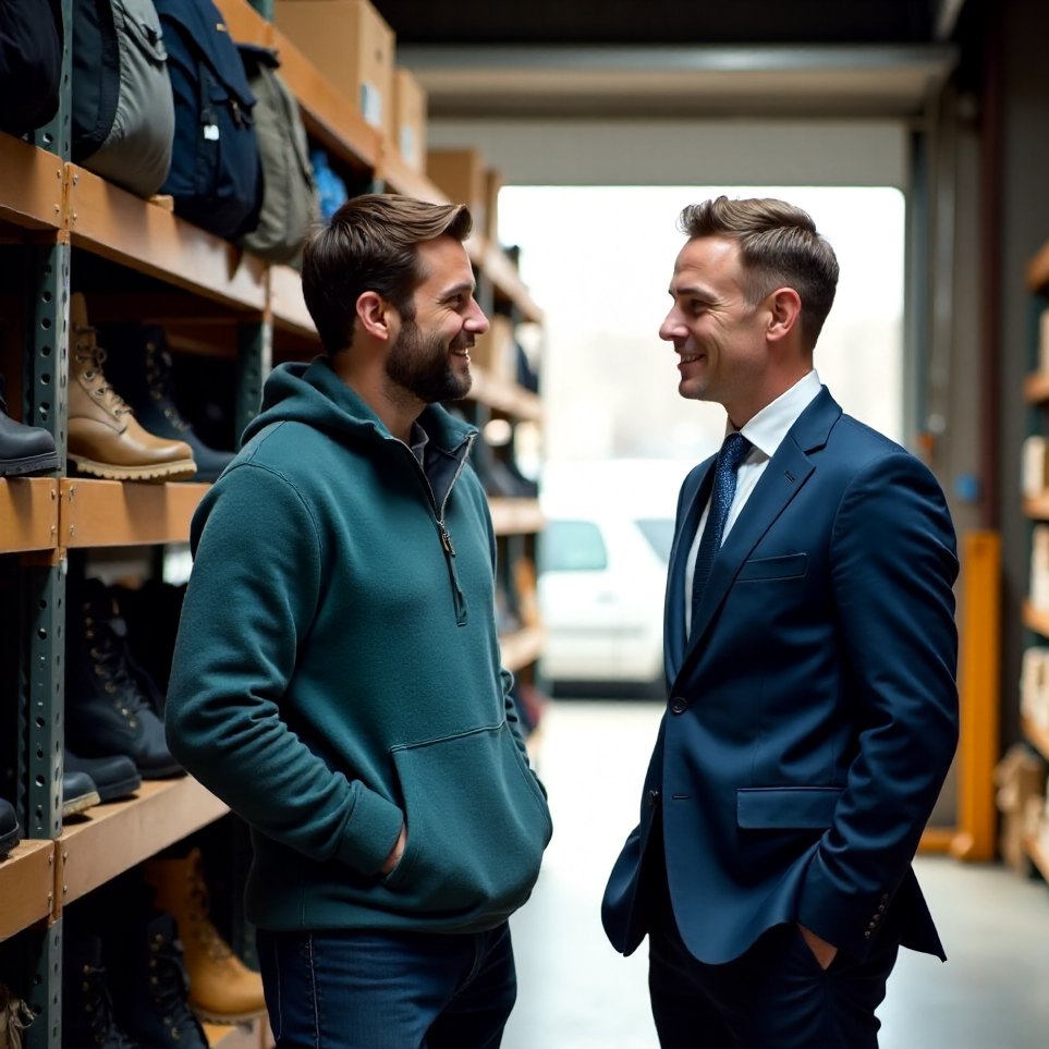 A founder and a part-time CFO talking in the stockroom of a growing business