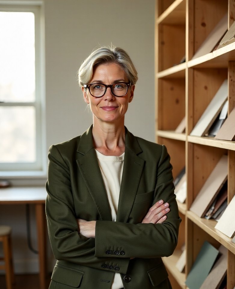 A Lucerne Grove brand strategist beside shelves of paper samples in the studio