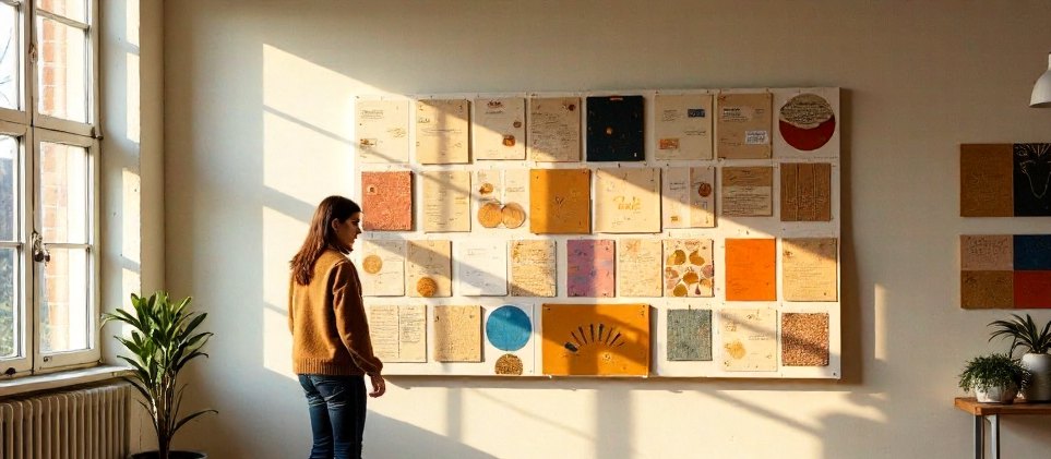 A brand strategist stepping back from a wall of colour and material samples