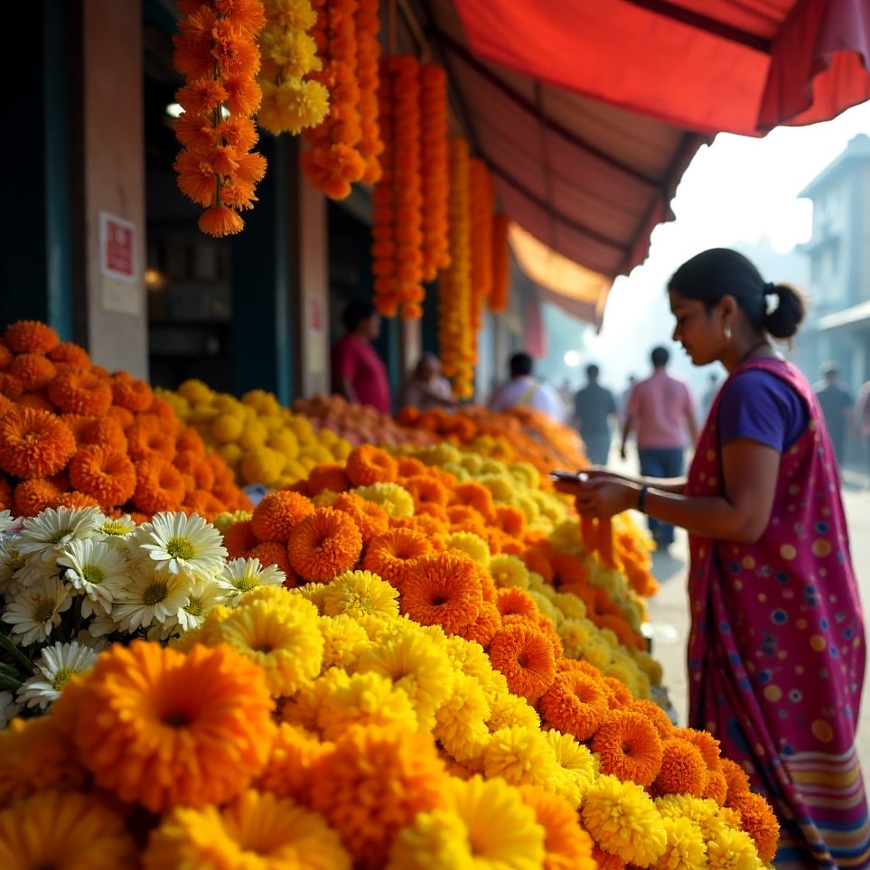 Marigold garlands at the flower entrance