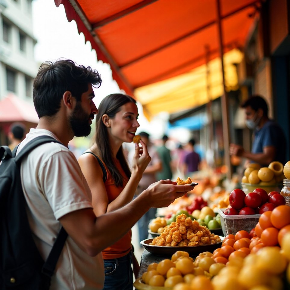 A visitor tasting at a stall as the vendor looks on