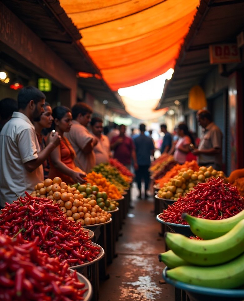 A busy aisle of the Friday market in Mapusa with a small group tasting at a stall