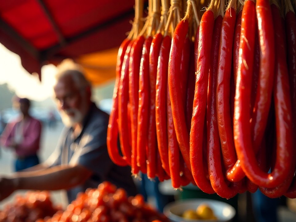 Strings of dry-cured Goan pork sausage hanging at a stall