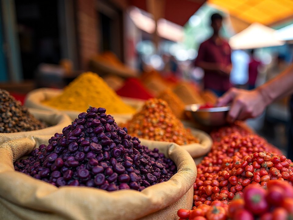 Heaps of kokum, spices and dried prawns in the spice aisle