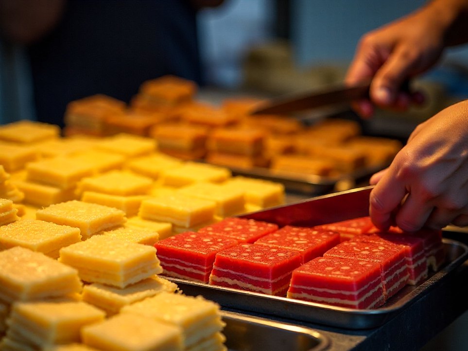 Trays of bebinca, dodol and perad at a sweet stall