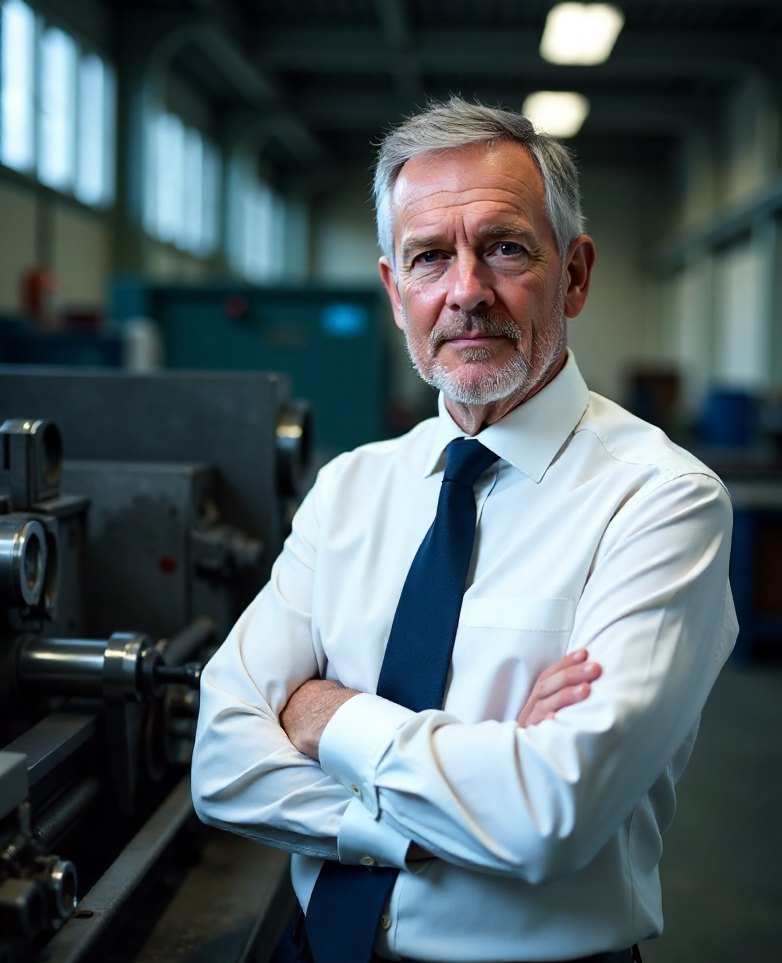 Marcus Teale standing on the floor of a machine shop with his arms crossed