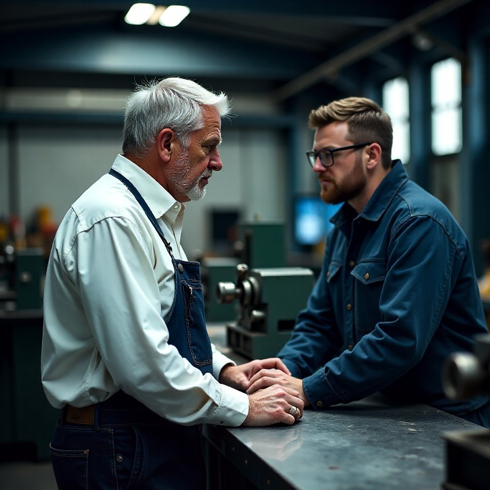 Marcus Teale talking through the week ahead with an owner on the workshop floor