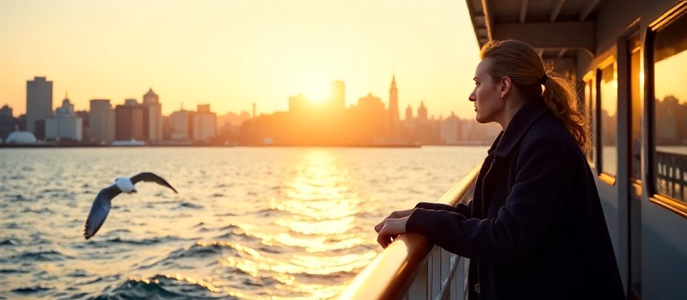 A commuter on a ferry deck looking at the city at sunrise