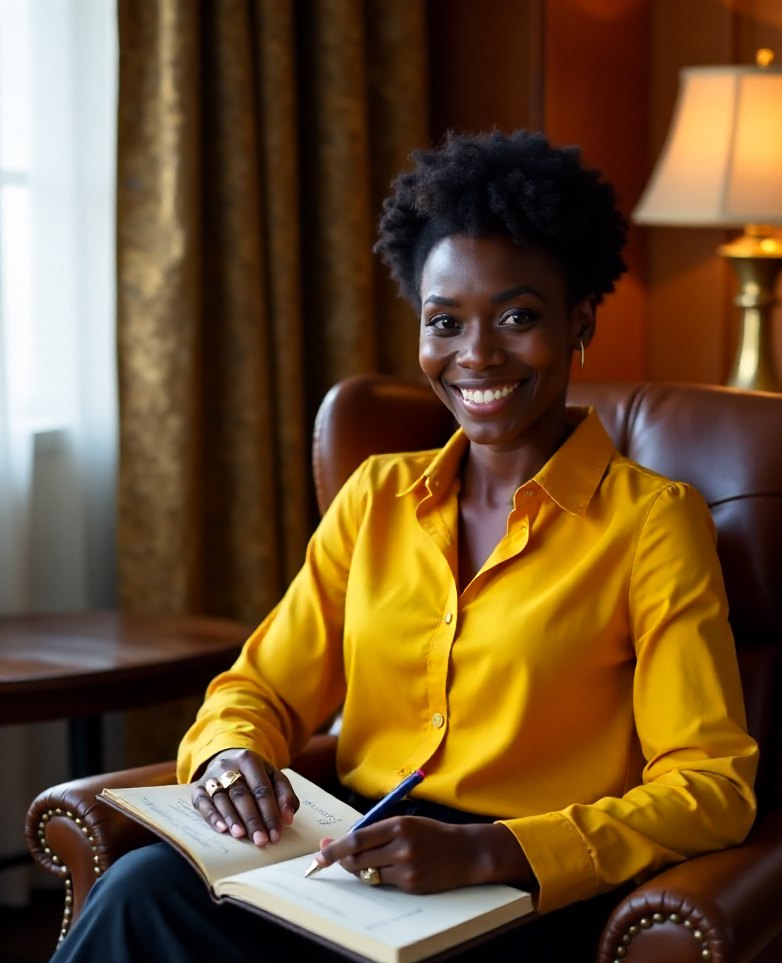 Miriam Okafor in a leather armchair with a tabbed paper day planner open on her lap