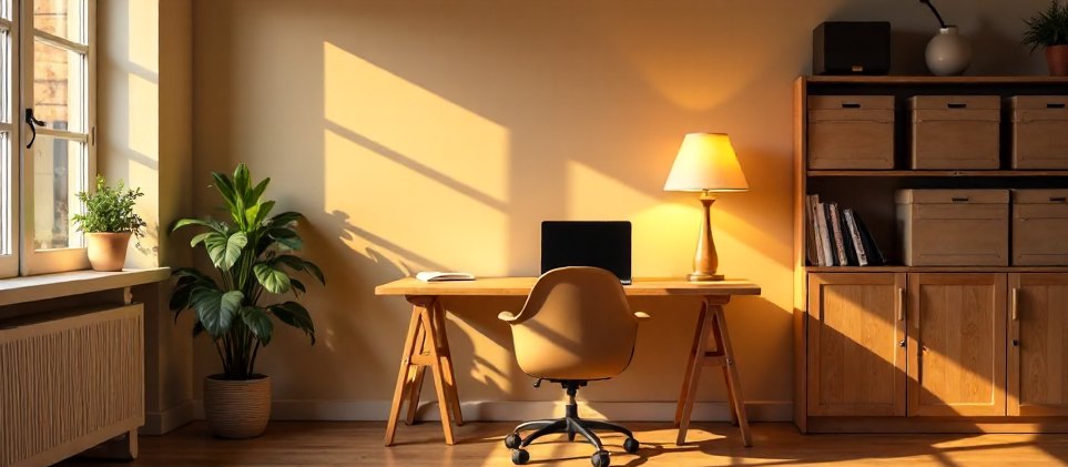 A calm, orderly home office at the end of the day