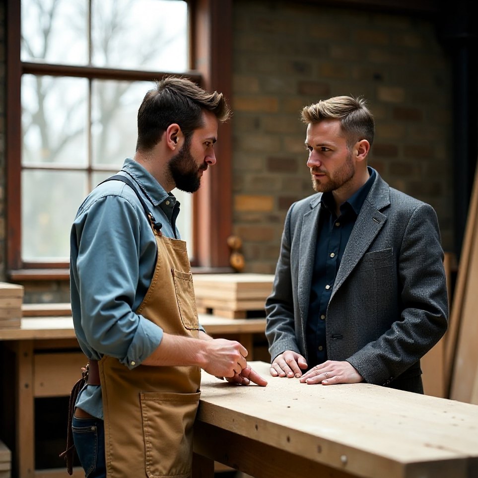 An owner and an adviser talking on the floor of a joinery workshop